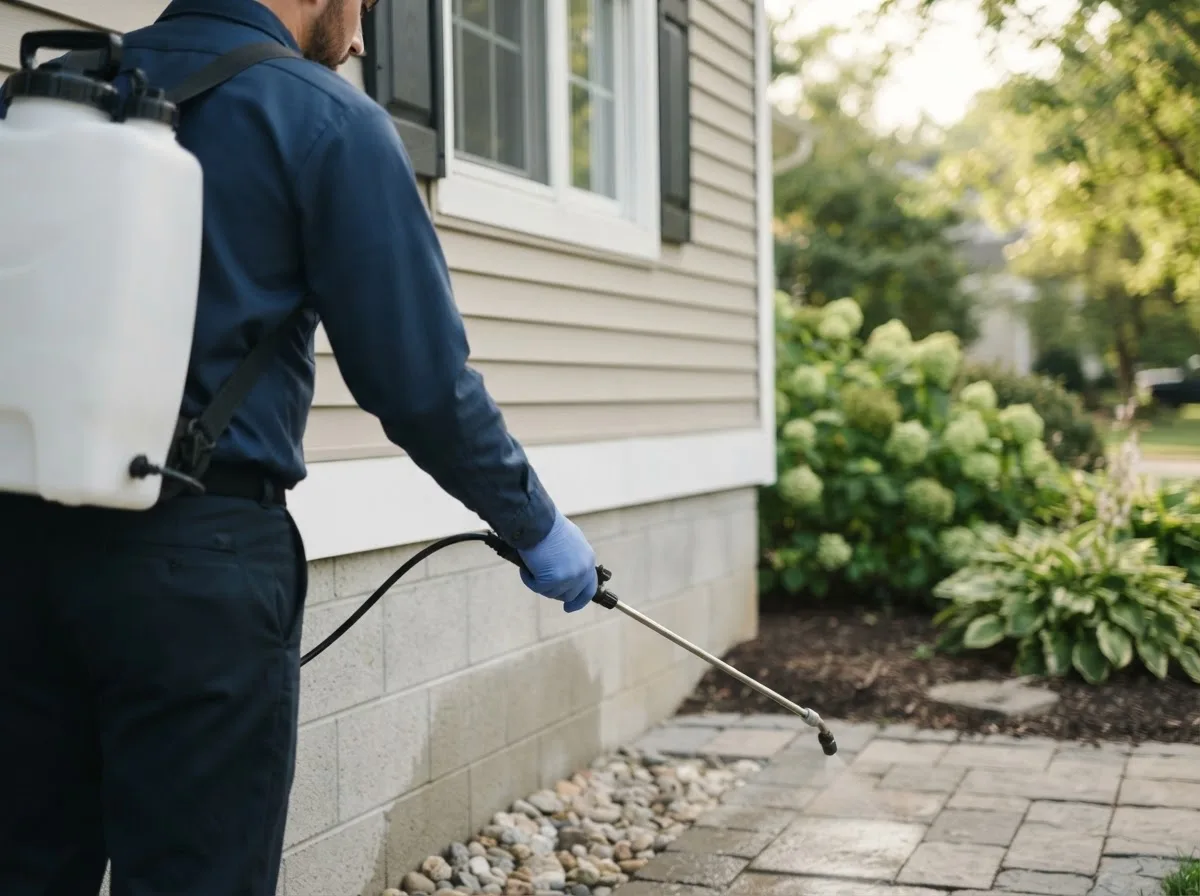 Pest control technician inspecting a home in Nathalie, VA